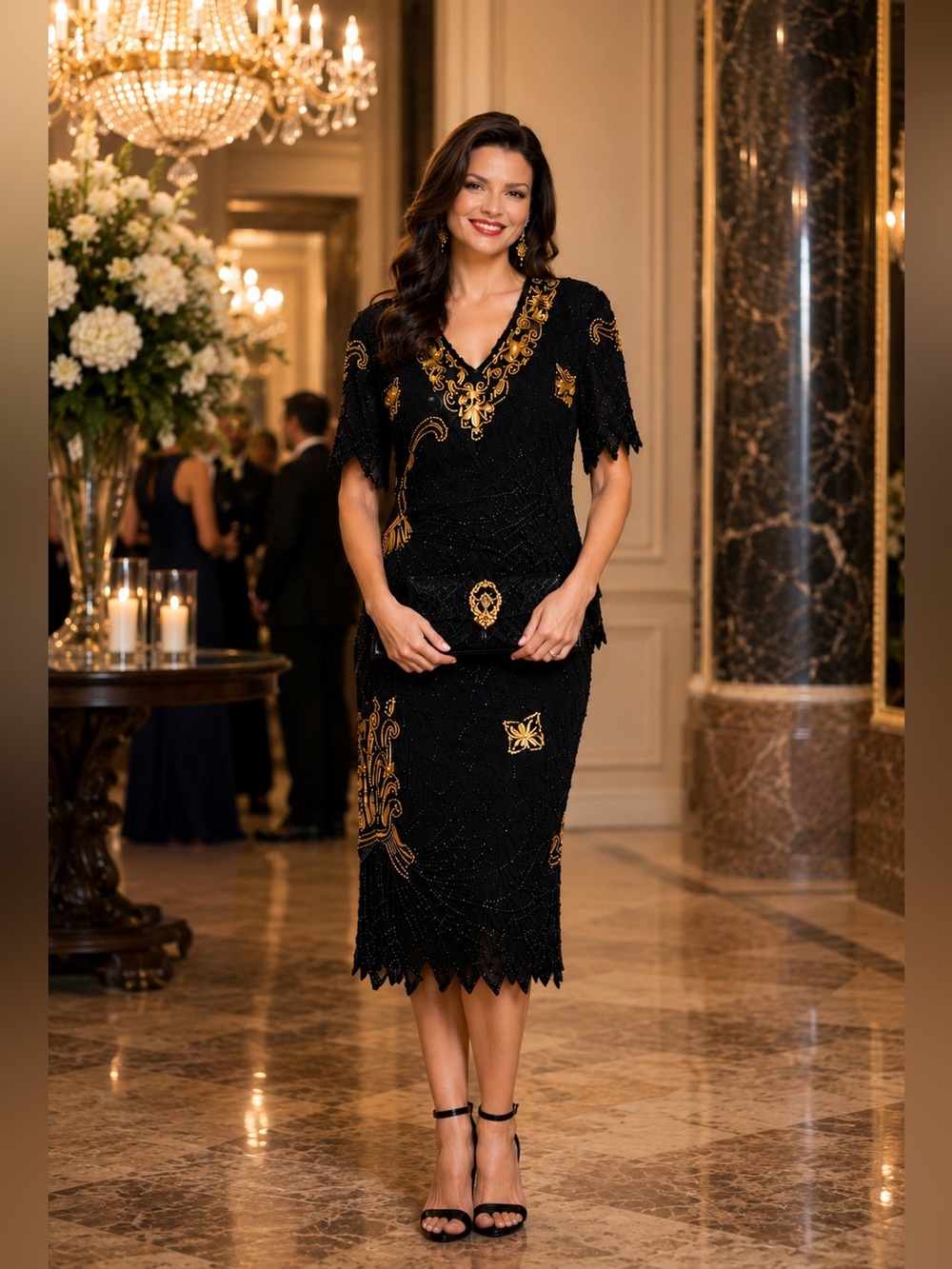 Vintage Beaded Silk Evening Set Art Deco Gatsby Glam‎ Black Gold PXL 2 Pc